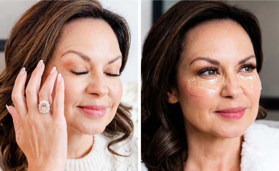 A side by side of a woman applying Eye Serum and looking restful with Eye Patches under her eyes.